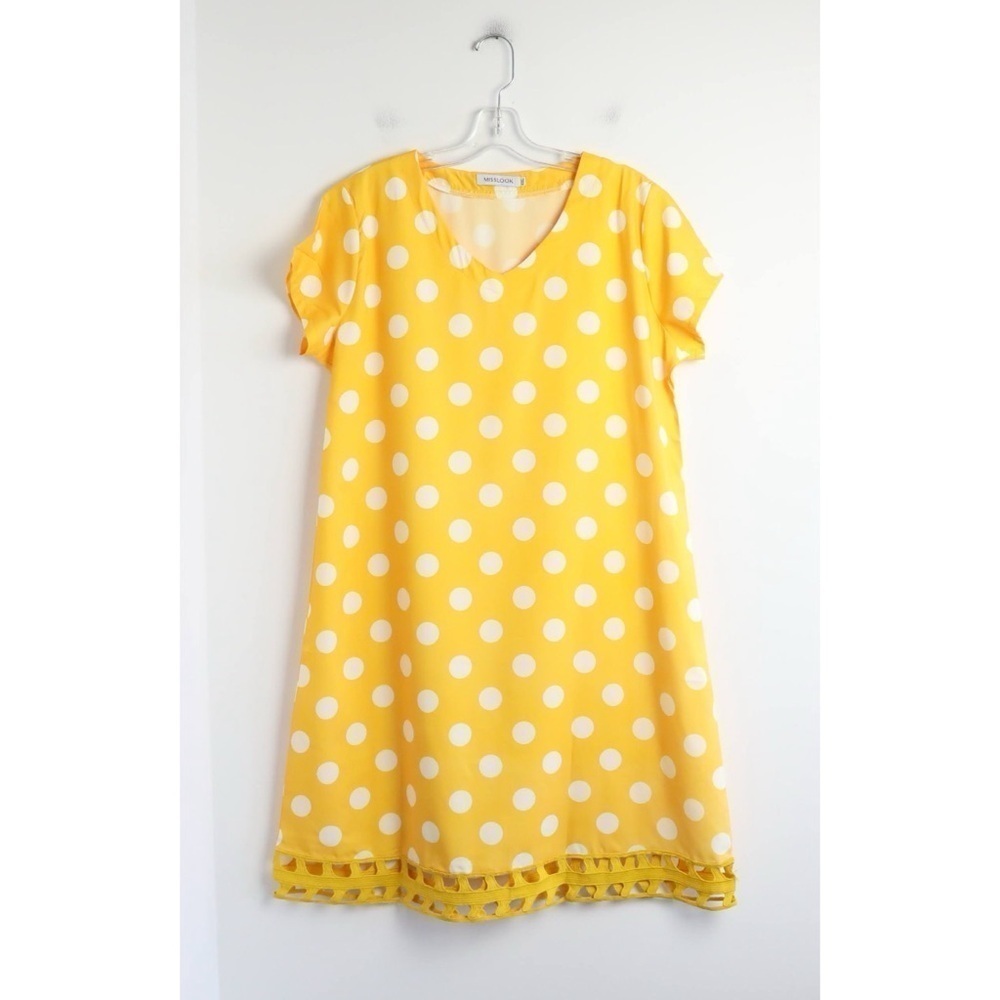 Misslook Polka Dot Yellow dress Short Sleeve V-Neck lace trim midi summer bright - Picture 3 of 8